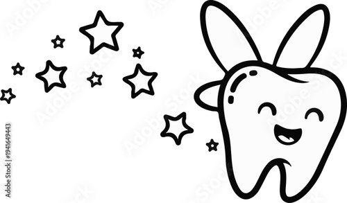 A whimsical tooth character with butterfly wings and a joyful expression, surrounded by twinkling stars