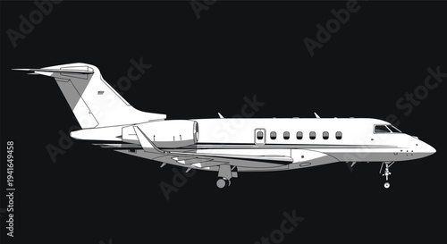 Sleek white private business jet flying through the air shown from a side profile view against a solid black background.