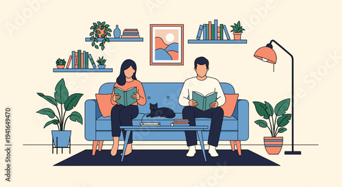 Man and woman sitting together on a blue sofa in a cozy living room while focused on reading their books with a cat.
