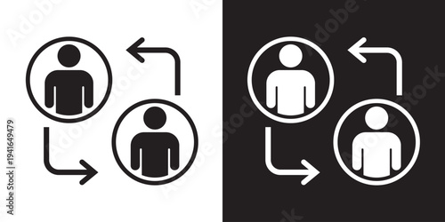 Clean vector icon of two circular user profiles connected by arrows. Ideal for illustrating user synchronization, peer-to-peer sharing, communication, and data exchange between accounts.