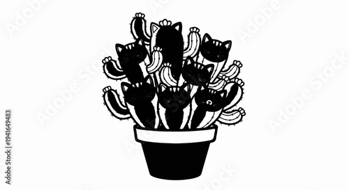 A whimsical potted cactus artfully adorned with multiple black cats peeking through