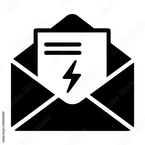 Open envelope with document featuring a lightning bolt symbol representing urgent mail or energy bill minimalist black icon