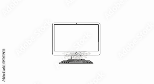 A wireframe desktop computer with a geometric network on its stand