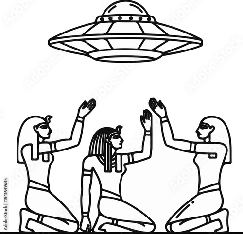 Ancient figures worshipping a hovering craft