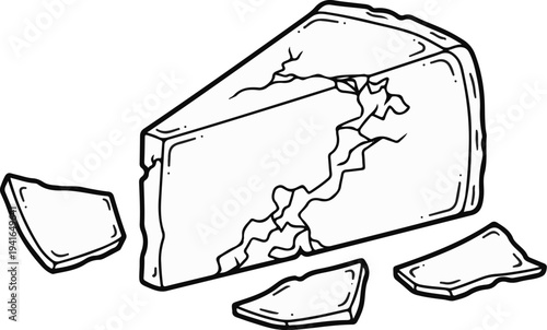 A wedge of cheese with cracks and detached pieces