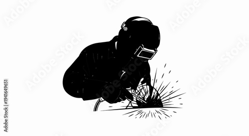 A welder wearing a protective mask and suit, creating sparks