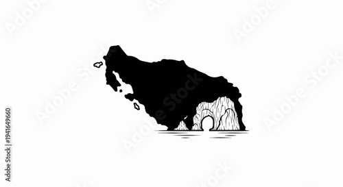 Black silhouette of a landmass with a natural arch and water