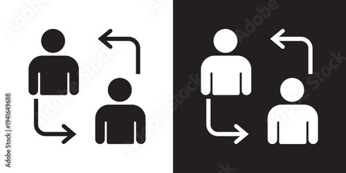 Clean vector icon of two circular user profiles connected by arrows. Ideal for illustrating user synchronization, peer-to-peer sharing, communication, and data exchange between accounts.