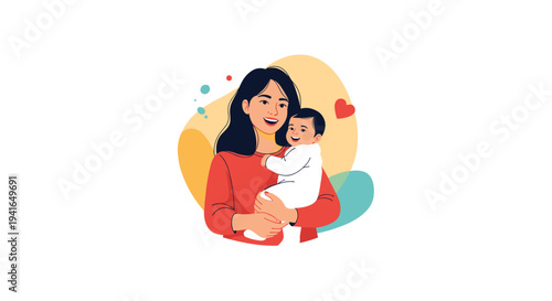 Beautiful illustration of a loving mother tenderly holding and hugging her happy baby against a soft colorful background.