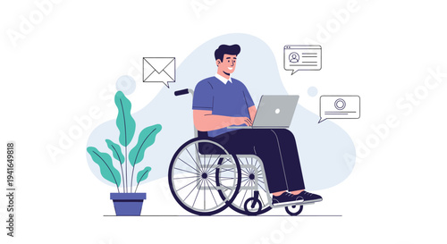 Young man sitting in a wheelchair while working on a laptop at home with various communication icons and plants.