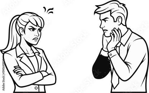 Angry woman confronts concerned man in a stylized black and white illustration