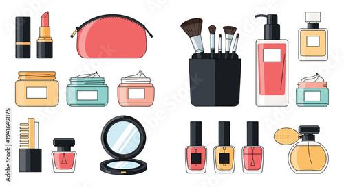Extensive set of beauty and cosmetic products including skin creams, makeup brushes, perfume bottles, and lipstick.