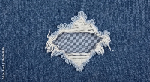 Close-up of blue denim fabric with a frayed, diamond-shaped rip exposing white threads