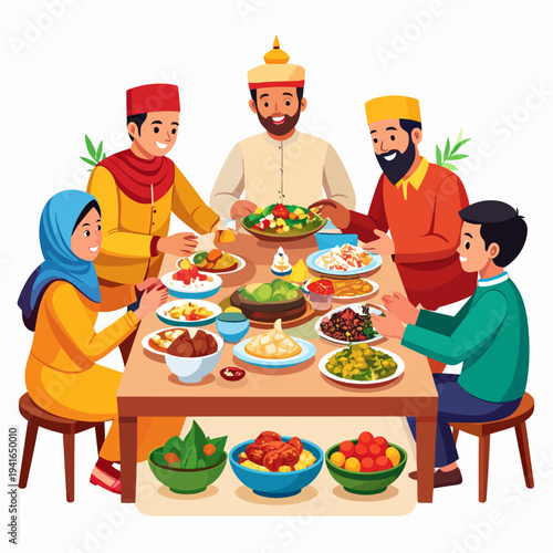 Joyful cartoon gathering of five people around a festive table laden with food, captured in a lively illustration that celebrates spirit in a bright indoor setting from a front viewpoint