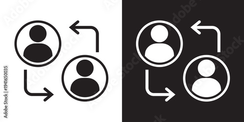 Clean vector icon of two circular user profiles connected by arrows. Ideal for illustrating user synchronization, peer-to-peer sharing, communication, and data exchange between accounts.