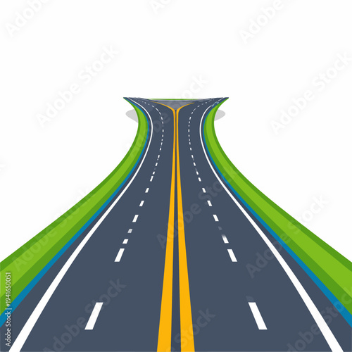 Driver's perspective on a simple cartoon road with dual lanes, green grass borders, white and yellow markings, curving slightly right, clean illustration view