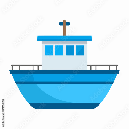 Front-facing cartoon boat illustration featuring a blue hull, cabin with windows, antenna and side railing, centered on a plain white backdrop, viewed straight on for graphic icon use