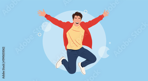 Energetic young man jumping high into the air with arms wide open in an expression of pure joy and success.