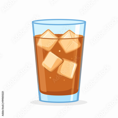 A close‑up view of a light‑blue glass filled with chilled iced tea, three ice cubes floating, captured as a minimalist digital illustration from a frontal perspective on a clean white backdrop