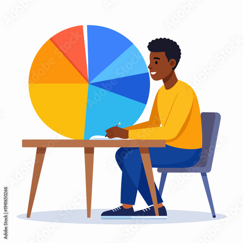 Cheerful cartoon illustration of a man performing analysis at his wooden desk, focusing on a vibrant multi-colored piechart, viewed from a frontal perspective in a bright office setting