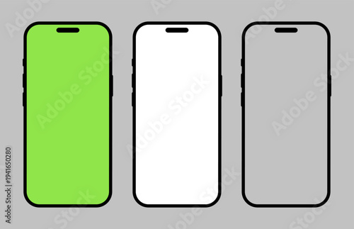 Smartphone black frames. Mobile phone black icons with green, white and grey screen. Blank smart phone templates. Device front view. Gadget symbols. Signs for website design, mobile app, ui.