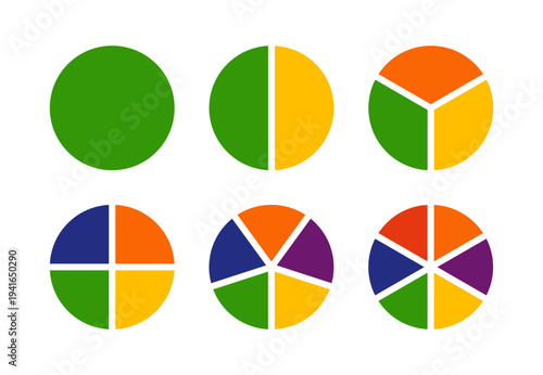 Multicoloured diagrams infographic. Circle section graph. Wheels divided in sections. Multicolored pizza charts, pie segmented on from 1 to 6 equal parts. Pie, pizza chart layout. Loading or progress 