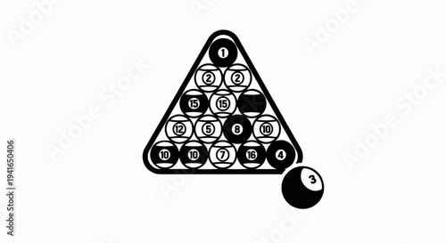 A triangular rack of numbered billiard balls and one cue ball