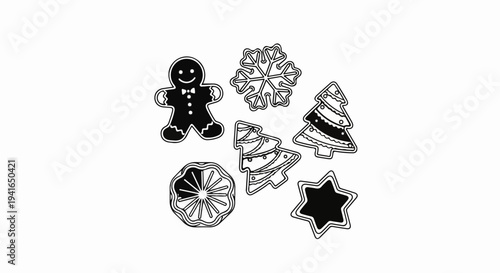 Assortment of festive gingerbread and snowflake cookies on white background