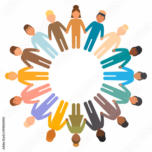 Vibrant illustration of twelve diverse people forming a unified circle, hand‑holding togetherness in a white space, viewed from a frontal perspective emphasizing unity and inclusivity
