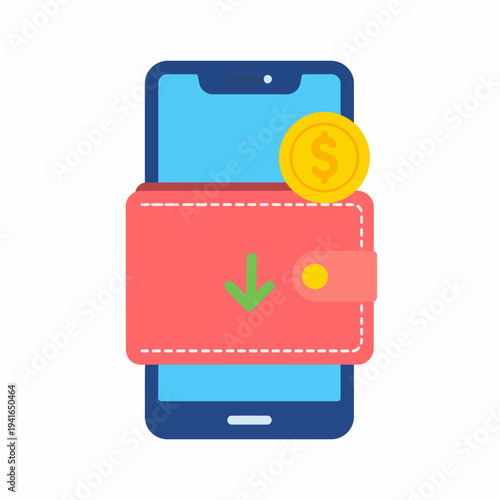 A top‑down illustration of a smartphone pulling out a red wallet with a gold coin, visualizing digital payment action in a clean white backdrop, centered view.
