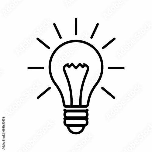 Straight‑on illustration of a bold black line drawing of a centered light bulb with screw base, surrounded by eight radiating lines, depicting illumination and brightness in a minimal white backdrop
