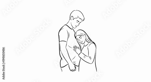 A tender line art drawing of a couple embracing, showing affection