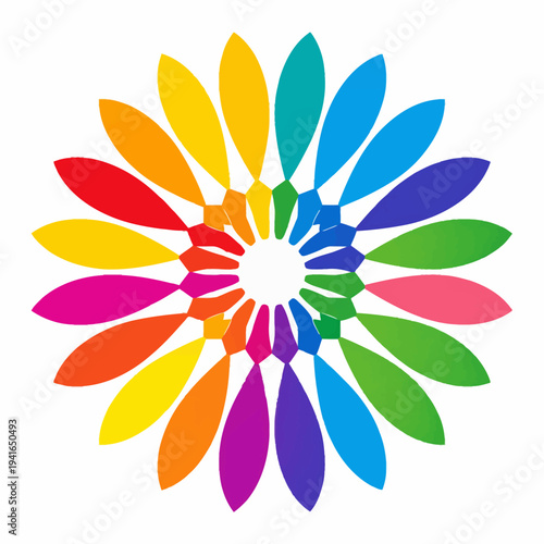 Celebrating vibrant joy, a stylized flower with rainbow petals arranged in perfect symmetry radiates happiness in a crisp white studio setting, viewed from a frontal graphic illustration perspective