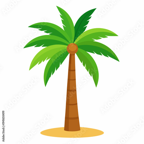 Playful cartoon illustration of a vibrant palm tree standing on sandy ground, viewed from a centered front perspective, highlighting bold lines and colorful leaves against a clean white backdrop