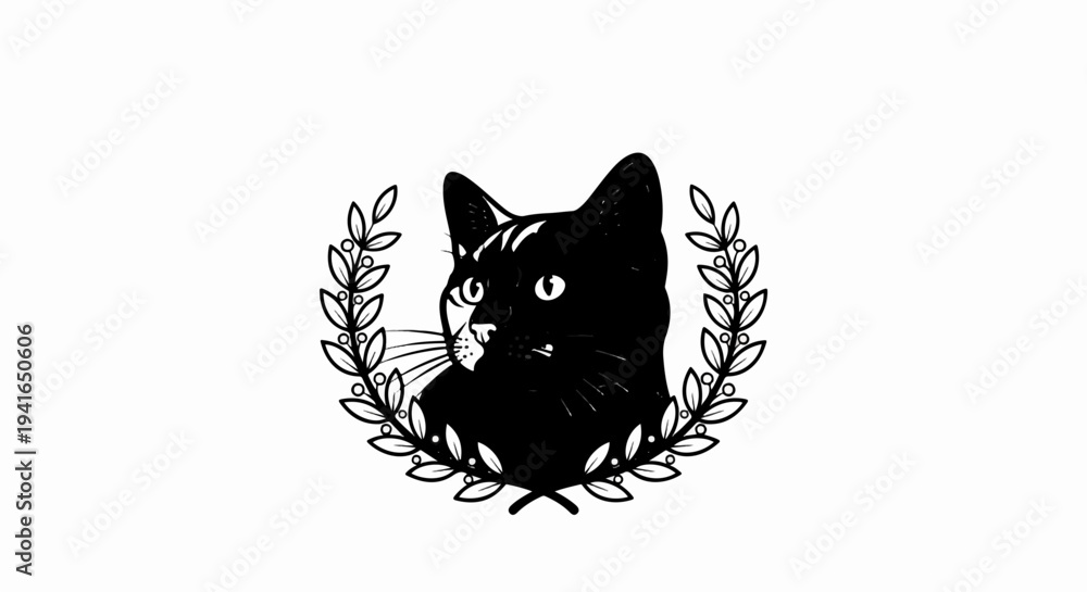Fototapeta premium Black cat portrait with laurel wreath, illustrative style