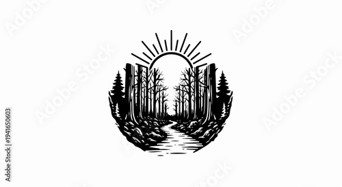 A sunburst over a forest path with trees and rocks