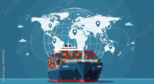 Massive container ship sailing on the sea with a global map background and location pins illustrating international trade.
