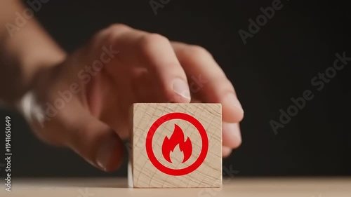 Hand placing wooden cube with no fire symbol.