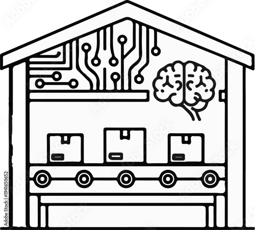 Automated warehouse with smart technology and brain icon