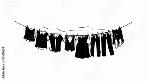 Black and white illustration of clothes drying on a clothesline