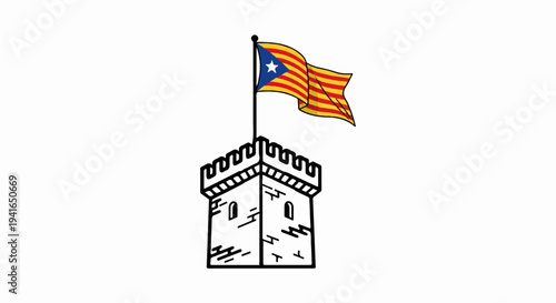 A stylized tower flies a flag, with a star on a blue field and red stripes