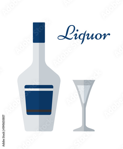 Liquor bottle and glass in flat design. Colored icons beverages isolated on white background. Alcoholic drinks with wineglasses. Thin line objects. Vector illustration.