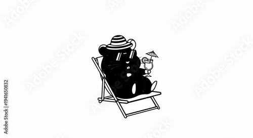A stylized rodent in a hat and sunglasses sips a cocktail on a deck chair