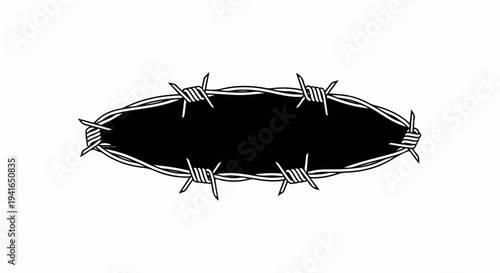 Barbed wire encircles a black oval shape, creating a stark contrast