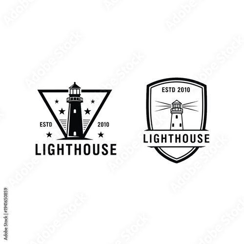 Nautical Lighthouse Emblem Designs: Vintage-Style Coastal Guiding Beacon Logos