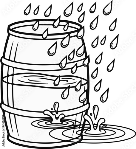 Barrel overflowing with rain, water splashing into puddles
