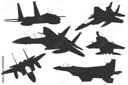 Silhouette F-15 fighter jet illustrations bundle from various angle views. Black and white vector set of F15 military aircraft with clean precise geometry. Monochrome collection pack air superiority.