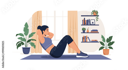 Active young woman performing sit-up exercises on a yoga mat in her home living room during a morning workout.
