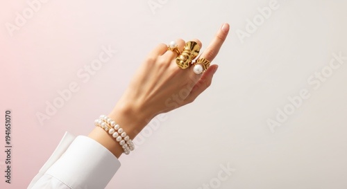 Elegant hand adorned with chunky gold rings and pearl bracelet, pointing upwards