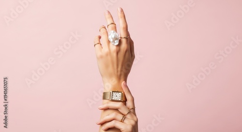 Elegant hands displaying golden rings, large pearl, and watch on pink background